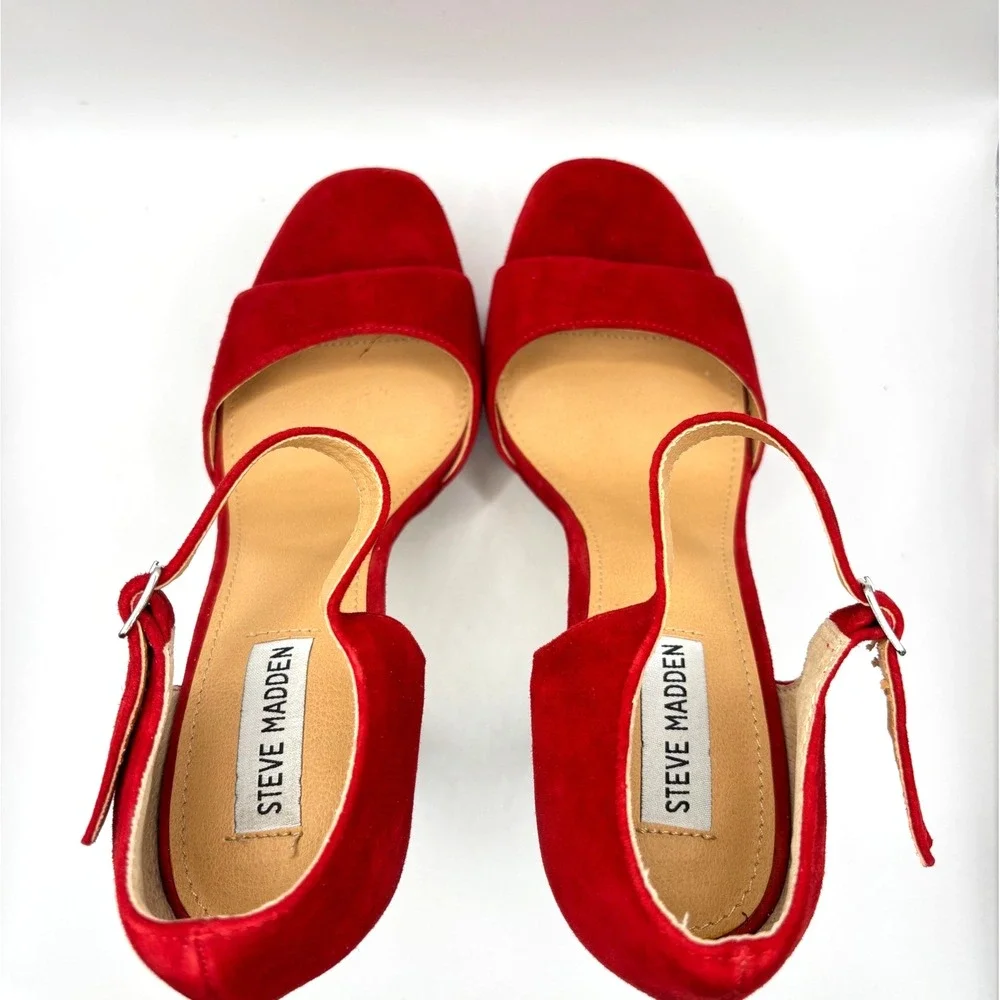 Steve Madden‎ Red Suede Platform Ankle Strap Block Heels Women's Size 10